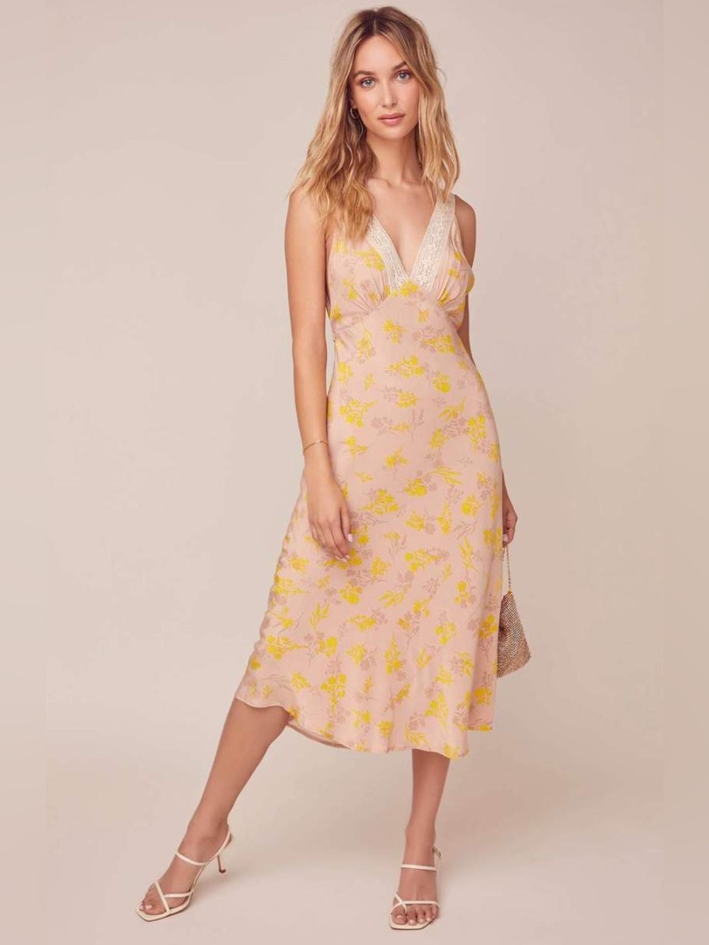 Astr Pink Slip Midi Dress with Yellow Floral Print